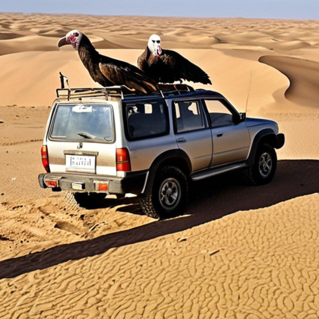 Stranded in the Gobi Desert**

A lone 4x4 vehicle stuck in deep sand dunes under a scorching sun in the Gobi Desert.  Heat waves shimmer above the barren landscape.  Two disoriented tourists, one holding a useless map, stand beside the vehicle looking distressed.  Vultures circle overhead.  Emphasis on the vastness and desolation of the desert.  Dramatic lighting, strong shadows.

**