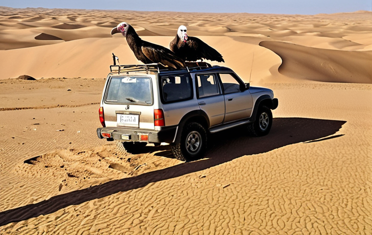 Stranded in the Gobi Desert**
A lone 4x4 vehicle stuck in deep sand dunes under a scorching sun in the Gobi Desert. Heat waves shimmer above the barren landscape. Two disoriented tourists, one holding a useless map, stand beside the vehicle looking distressed. Vultures circle overhead. Emphasis on the vastness and desolation of the desert. Dramatic lighting, strong shadows.
**
