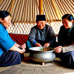 A professional depiction of a Mongolian nomadic family, consisting of adults and clearly mature individuals, seated respectfully on the floor around a low wooden table inside a traditional yurt (ger). They are sharing a communal meal of freshly steamed Buuz and a large bowl of Tsuivan. The family members are fully clothed in traditional, modest Mongolian deel attire, with appropriate sleeves and necklines. Warm, inviting light emanates from a central stove, highlighting the intricate details of the yurt's interior and casting soft shadows. The atmosphere is one of authentic hospitality, community, and tradition, family-friendly, safe for work, appropriate content, perfect anatomy, correct proportions, natural pose, well-formed hands, proper finger count, natural body proportions, professional photography, cinematic lighting, high resolution, detailed textures.