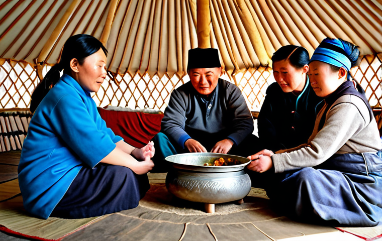 A professional depiction of a Mongolian nomadic family, consisting of adults and clearly mature individuals, seated respectfully on the floor around a low wooden table inside a traditional yurt (ger). They are sharing a communal meal of freshly steamed Buuz and a large bowl of Tsuivan. The family members are fully clothed in traditional, modest Mongolian deel attire, with appropriate sleeves and necklines. Warm, inviting light emanates from a central stove, highlighting the intricate details of the yurt's interior and casting soft shadows. The atmosphere is one of authentic hospitality, community, and tradition, family-friendly, safe for work, appropriate content, perfect anatomy, correct proportions, natural pose, well-formed hands, proper finger count, natural body proportions, professional photography, cinematic lighting, high resolution, detailed textures.