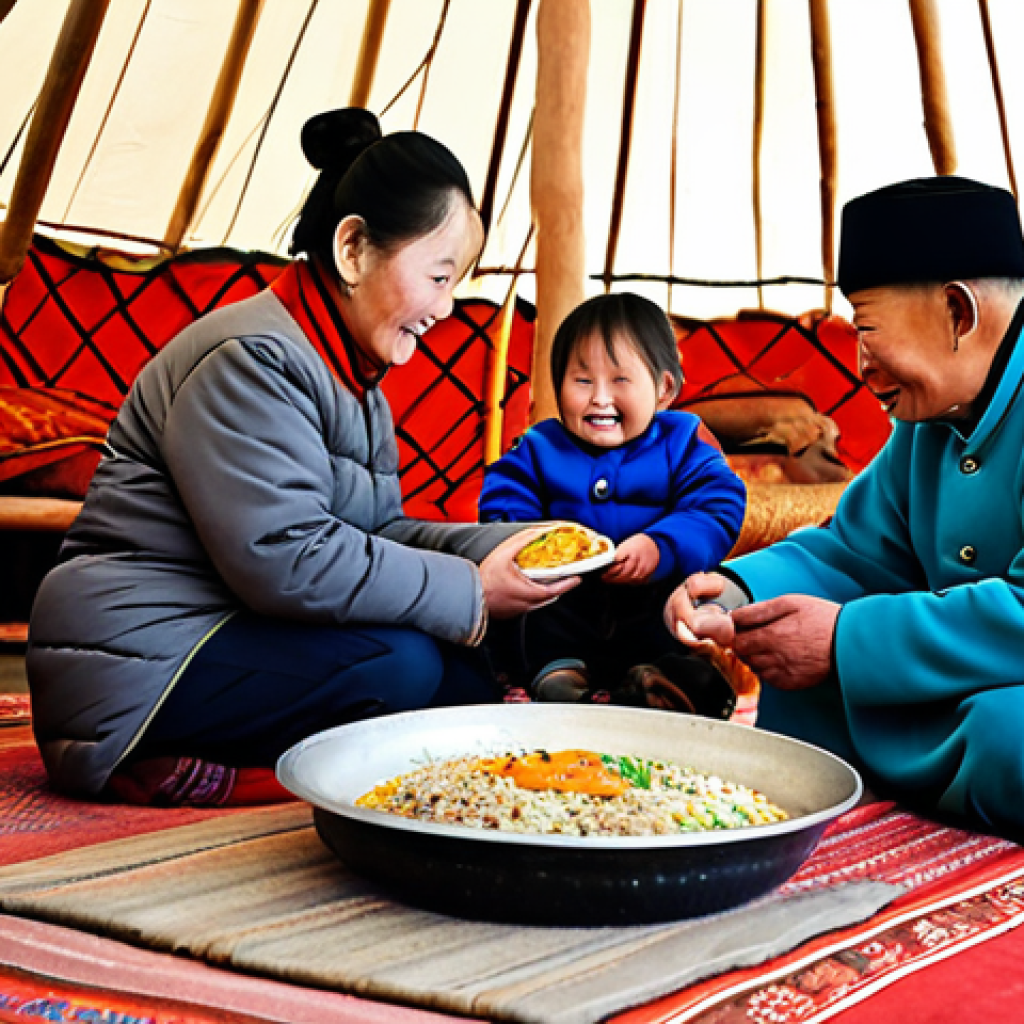 Tsagaan Sar Family Celebration**
"A warm and inviting scene inside a traditional Mongolian Ger (Yurt) during Tsagaan Sar. A multi-generational family, all fully clothed in traditional deel clothing in bright, festive colors. The elders are seated respectfully, while younger members offer bowls of food. A table laden with Buuz and Ul Boov is in the foreground. Soft, warm lighting from a central stove. safe for work, appropriate content, fully clothed, modest, family-friendly, perfect anatomy, correct proportions, natural pose, well-formed hands, proper finger count, natural body proportions, professional photography, high quality."
**