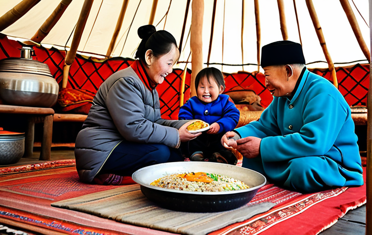 Tsagaan Sar Family Celebration**
"A warm and inviting scene inside a traditional Mongolian Ger (Yurt) during Tsagaan Sar. A multi-generational family, all fully clothed in traditional deel clothing in bright, festive colors. The elders are seated respectfully, while younger members offer bowls of food. A table laden with Buuz and Ul Boov is in the foreground. Soft, warm lighting from a central stove. safe for work, appropriate content, fully clothed, modest, family-friendly, perfect anatomy, correct proportions, natural pose, well-formed hands, proper finger count, natural body proportions, professional photography, high quality."
**
