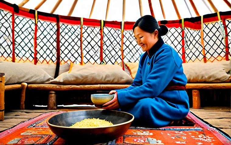 Welcoming Guest in a Yurt**
"A family-friendly scene inside a traditional Mongolian yurt. A fully clothed woman in a modest, brightly colored Deel offers a bowl of Airag to a traveler in appropriate attire. Warm, inviting light. Handcrafted wooden furniture. Safe for work, appropriate content, perfect anatomy, natural proportions, professional, high resolution."
**