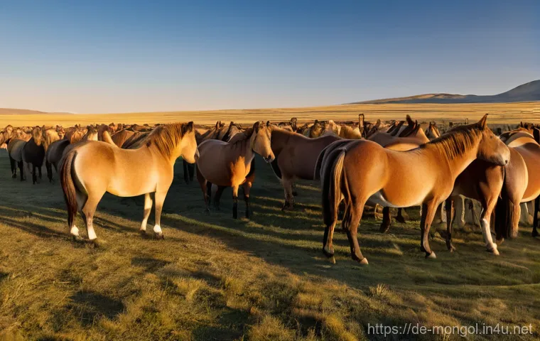 몽골 초원의 야생 동물 관찰 - **Prompt: Majestic Przewalski's Horses at Dawn in the Mongolian Steppe**
    "A wide-angle, breathta...