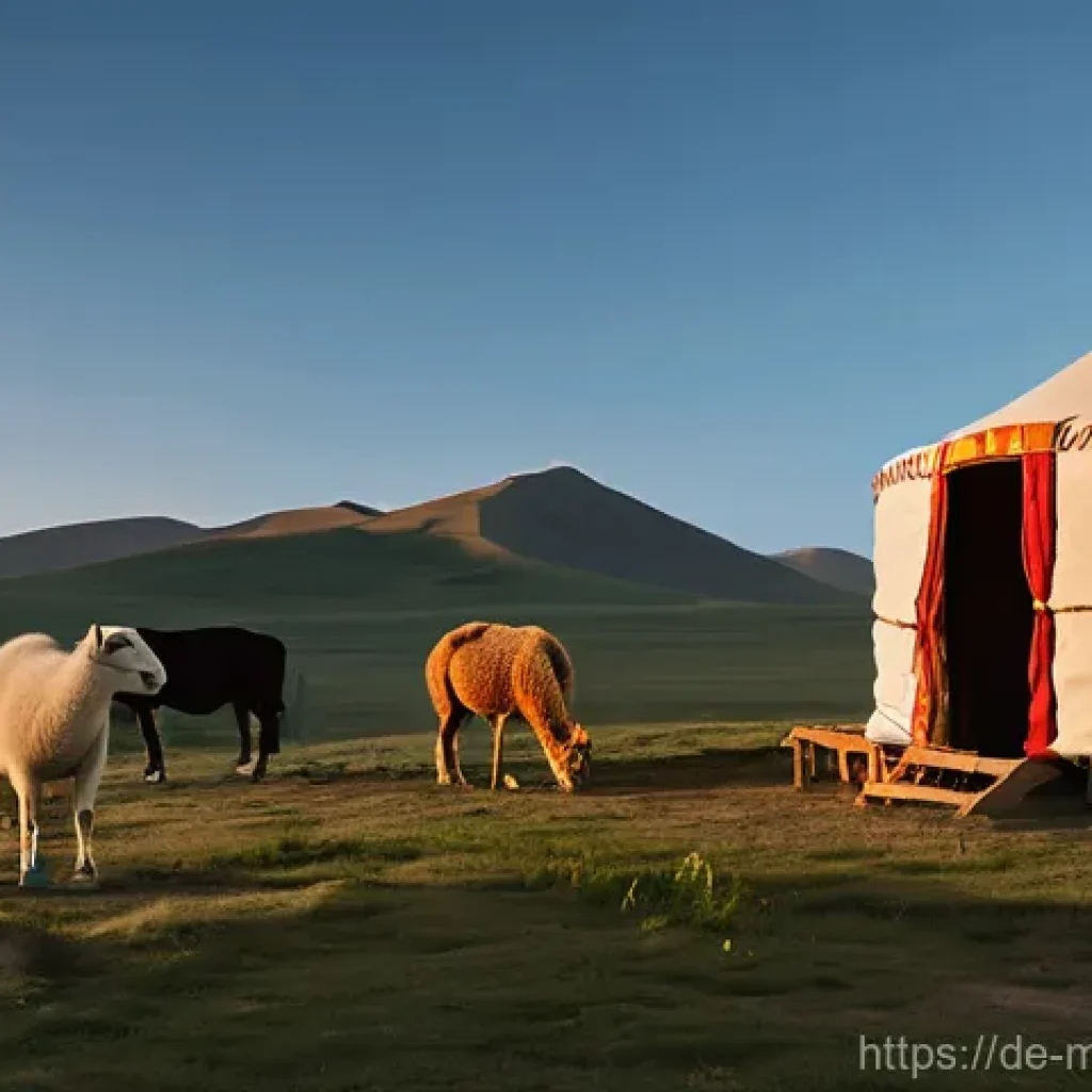 몽골의 전통적 경제 구조 - **Prompt:** A serene panoramic view of the vast Mongolian steppe at golden hour, featuring a nomadic...