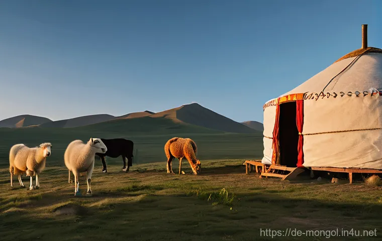 몽골의 전통적 경제 구조 - **Prompt:** A serene panoramic view of the vast Mongolian steppe at golden hour, featuring a nomadic...