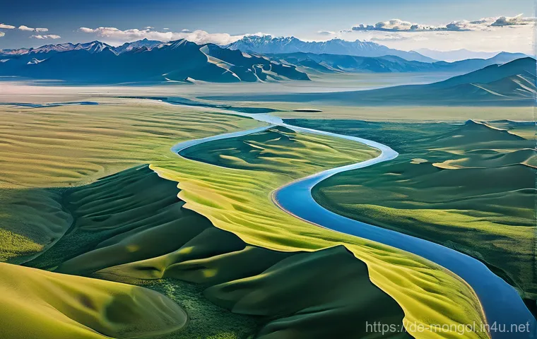 몽골 여행 시 교통편 옵션 - **Image Prompt: Soaring Above the Mongolian Wilderness**
An awe-inspiring aerial view of Mongoli...