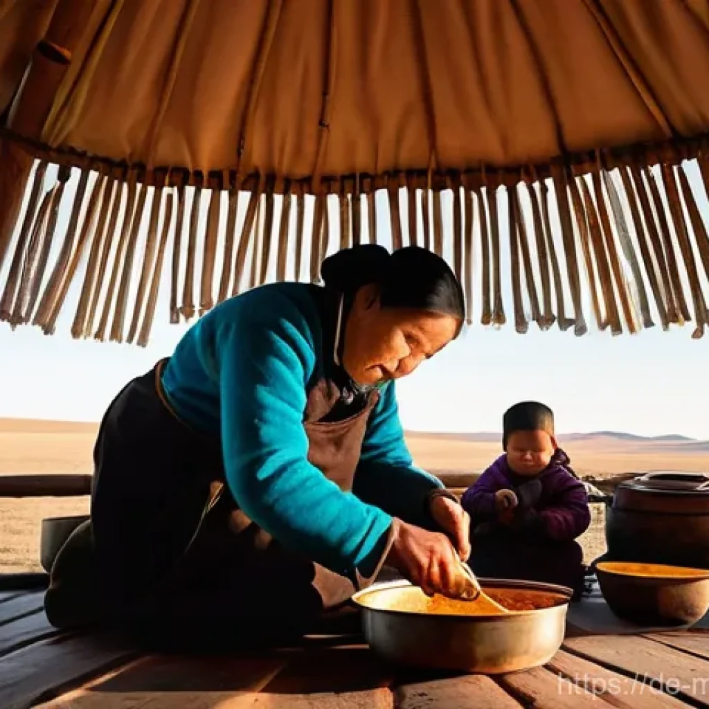 몽골 전통 음식의 유래 - **Prompt:** A wide-angle shot of a traditional Mongolian nomadic family preparing a hearty meal insi...