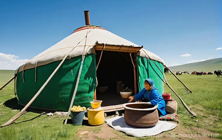 몽골 전통 음식의 유래 - **Prompt:** A wide-angle shot of a traditional Mongolian nomadic family preparing a hearty meal insi...
