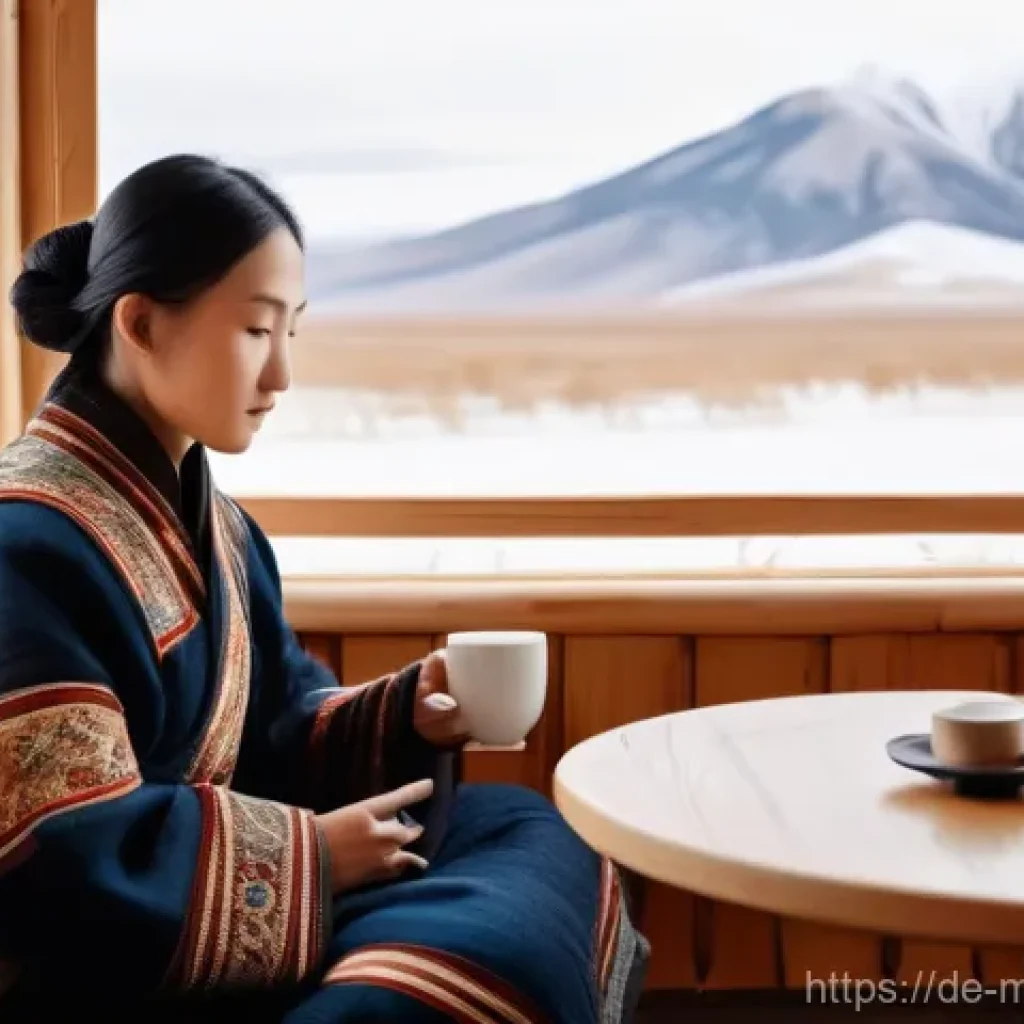 몽골 커피 문화 - **Prompt:** A serene and inviting indoor scene where traditional Mongolian nomadic life meets modern...