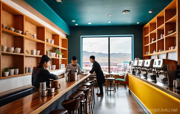 몽골 커피 문화 - **Prompt:** A serene and inviting indoor scene where traditional Mongolian nomadic life meets modern...