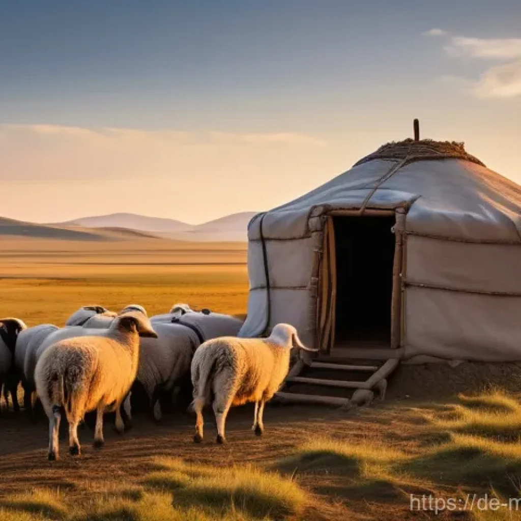 몽골의 독특한 문화 - **Prompt: A Mongolian nomadic family outside their traditional ger on the vast, golden steppe at sun...