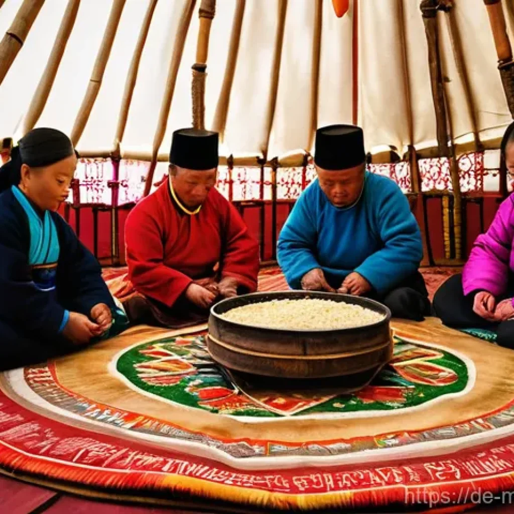 몽골에서의 전통 요리 만들기 - **A vibrant, warm interior of a traditional Mongolian yurt (ger) during Tsagaan Sar (Mongolian New Y...