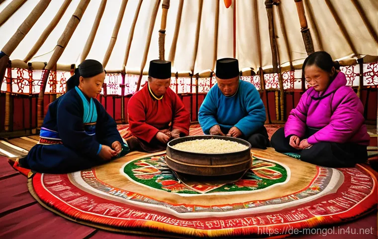 몽골에서의 전통 요리 만들기 - **A vibrant, warm interior of a traditional Mongolian yurt (ger) during Tsagaan Sar (Mongolian New Y...