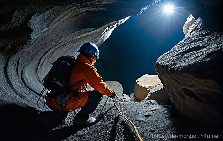 몽골 동굴 탐험 - **Prompt:** A brave adventurer, fully equipped with professional caving gear, including a helmet wit...
