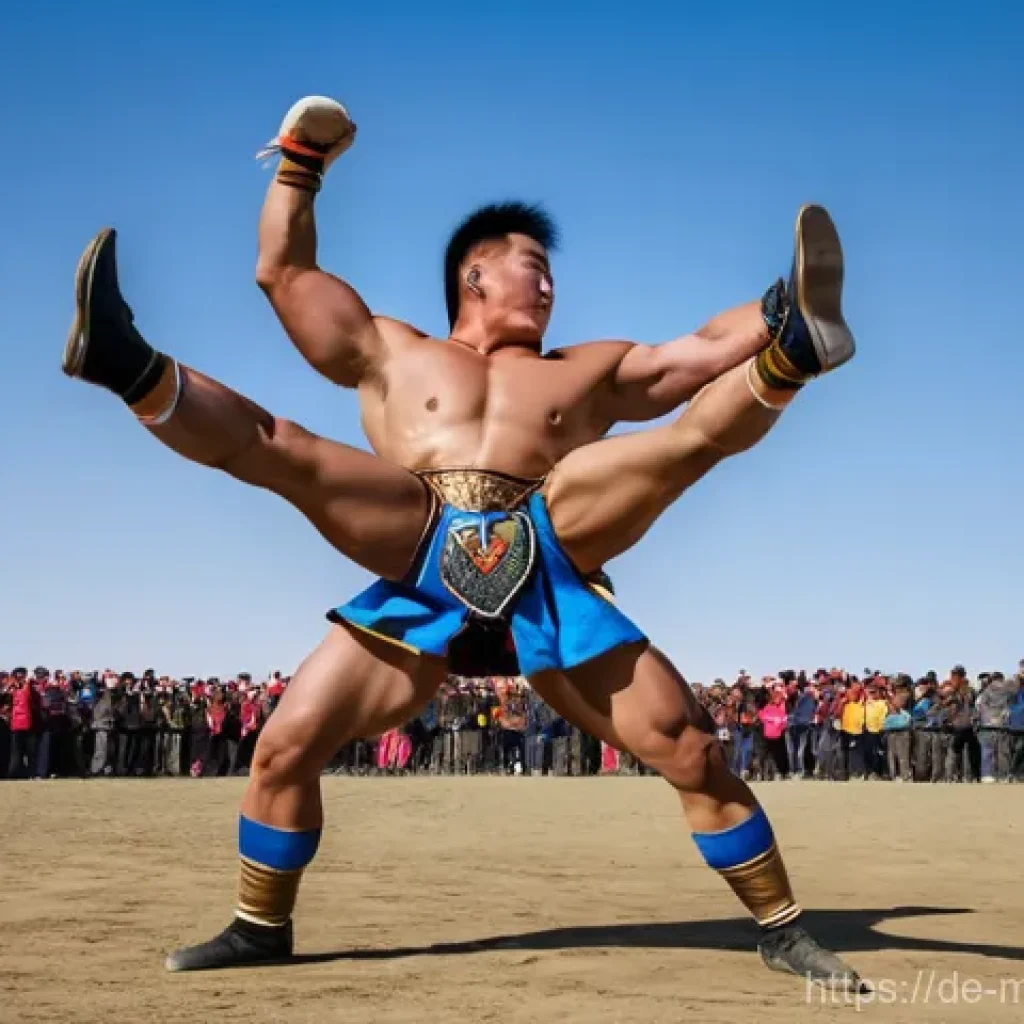 몽골에서의 주요 운동 종목 - **Prompt:** A powerful and dynamic image of two Mongolian wrestlers, mid-action during the tradition...