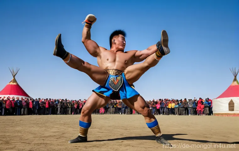 몽골에서의 주요 운동 종목 - **Prompt:** A powerful and dynamic image of two Mongolian wrestlers, mid-action during the tradition...