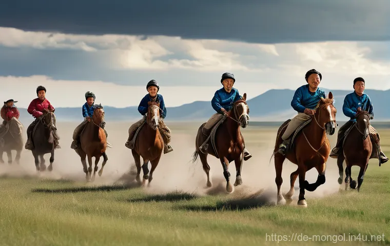 몽골에서의 주요 운동 종목 - **Prompt:** A powerful and dynamic image of two Mongolian wrestlers, mid-action during the tradition...