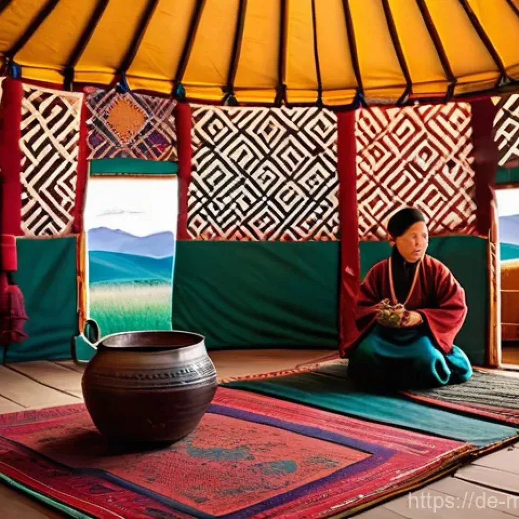 몽골의 문화적 배경 - **Nomadic Family Life in a Ger:** A warm, inviting interior shot of a traditional Mongolian ger (yur...