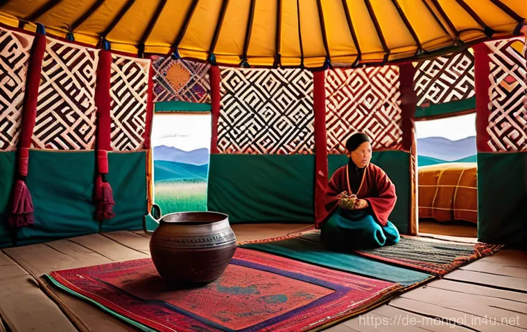 몽골의 문화적 배경 - **Nomadic Family Life in a Ger:** A warm, inviting interior shot of a traditional Mongolian ger (yur...