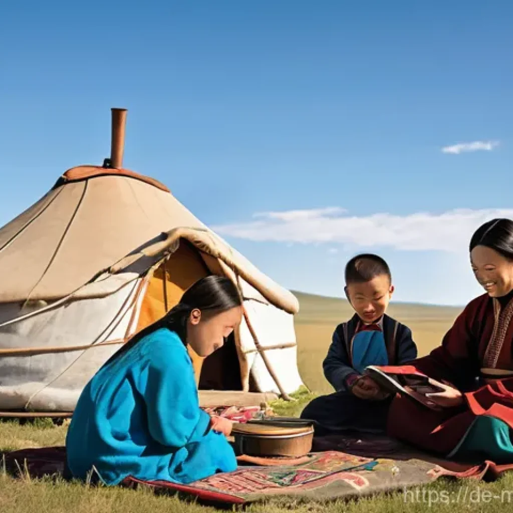 몽골 정부 정책 동향 - **Prompt:** A wide shot of a traditional Mongolian yurt camp nestled in a vast, sun-drenched steppe ...