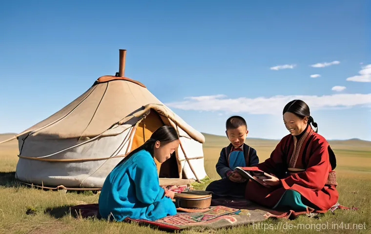 몽골 정부 정책 동향 - **Prompt:** A wide shot of a traditional Mongolian yurt camp nestled in a vast, sun-drenched steppe ...