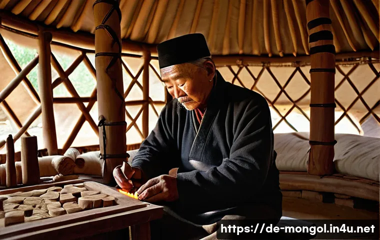 몽골 전통 손잡이 공예 - **Prompt 1: Master Craftsman's Dedication in a Yurt**
    An elderly Mongolian master craftsman, wit...