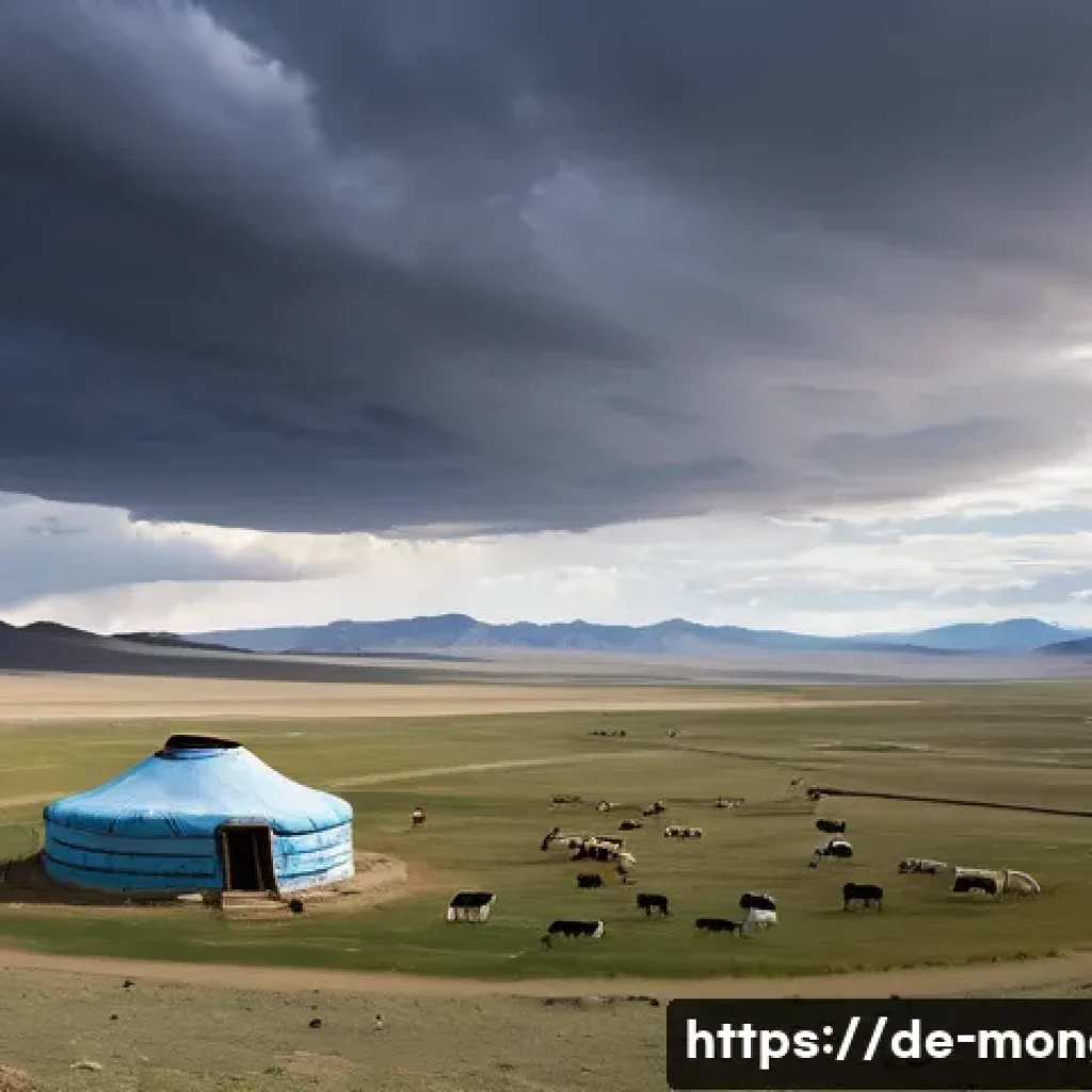 몽골에서의 환경 보호 정책 - **Prompt:** A panoramic view of the vast, arid Mongolian steppe under a stark, dramatic sky. The gro...