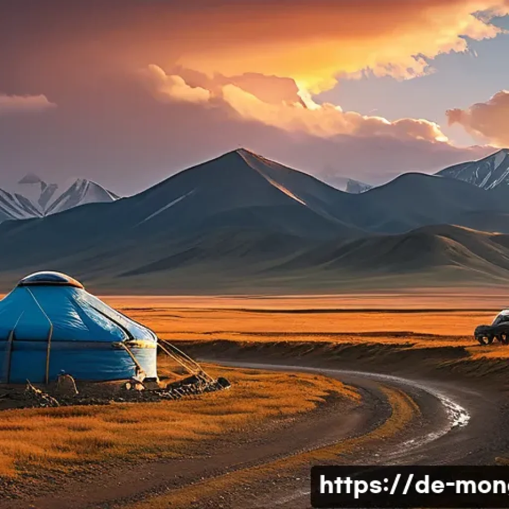 몽골 여행 시 주의할 점 - A rugged Mongolian landscape featuring a traditional yurt camp at dusk under a dramatic sky with sud...