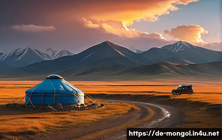 몽골 여행 시 주의할 점 - A rugged Mongolian landscape featuring a traditional yurt camp at dusk under a dramatic sky with sud...