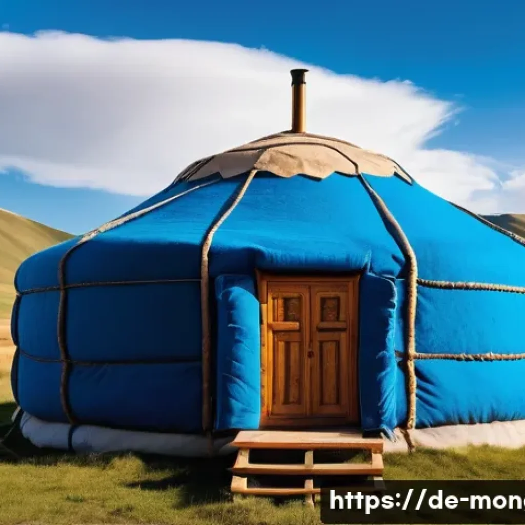 몽골 유목민의 전통적 주거 구조 - A traditional Mongolian ger (yurt) set in the vast Mongolian steppe under a bright blue sky, showcas...