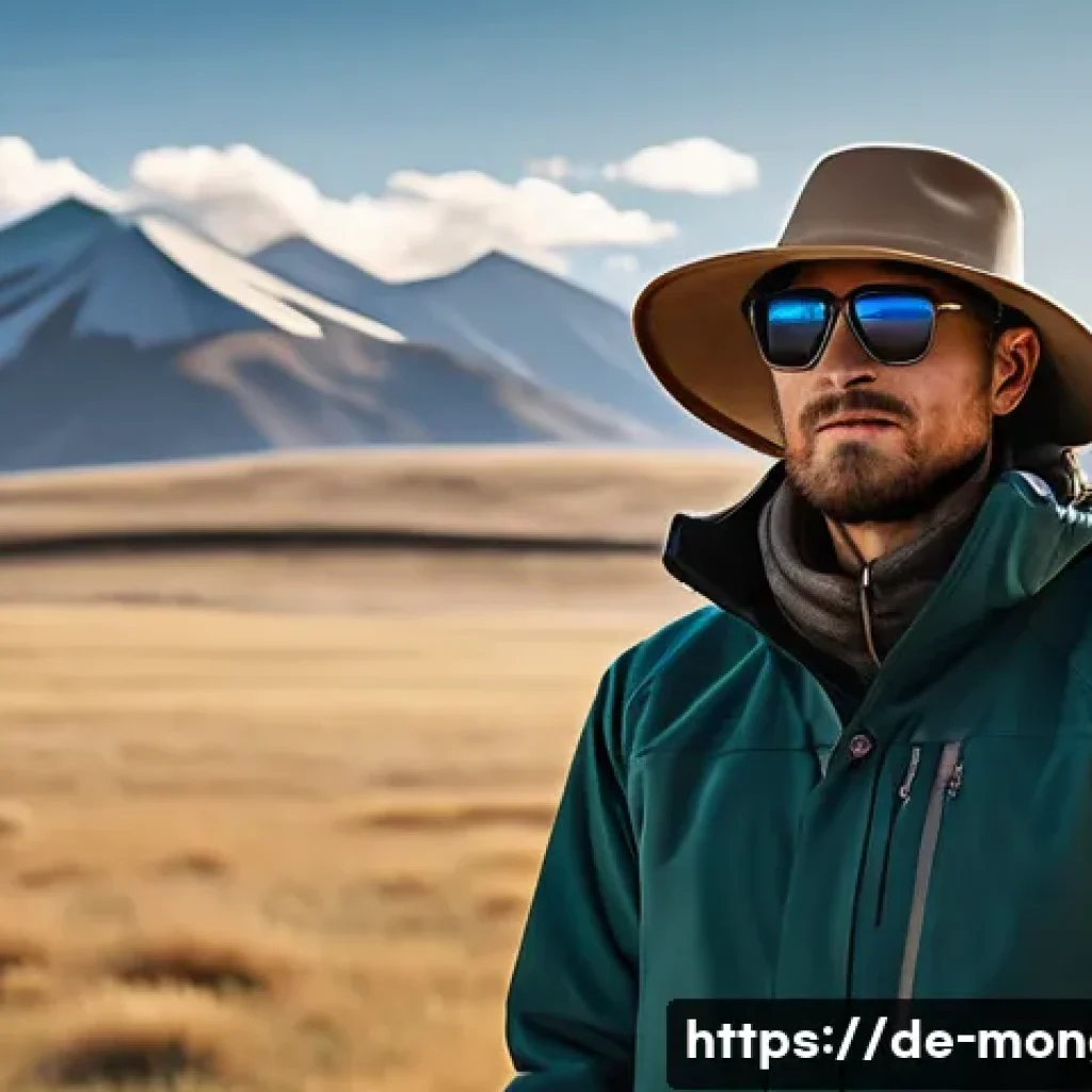 몽골에서의 안전 여행 팁 - A rugged traveler wearing layered weatherproof clothing including a breathable base layer, warm flee...