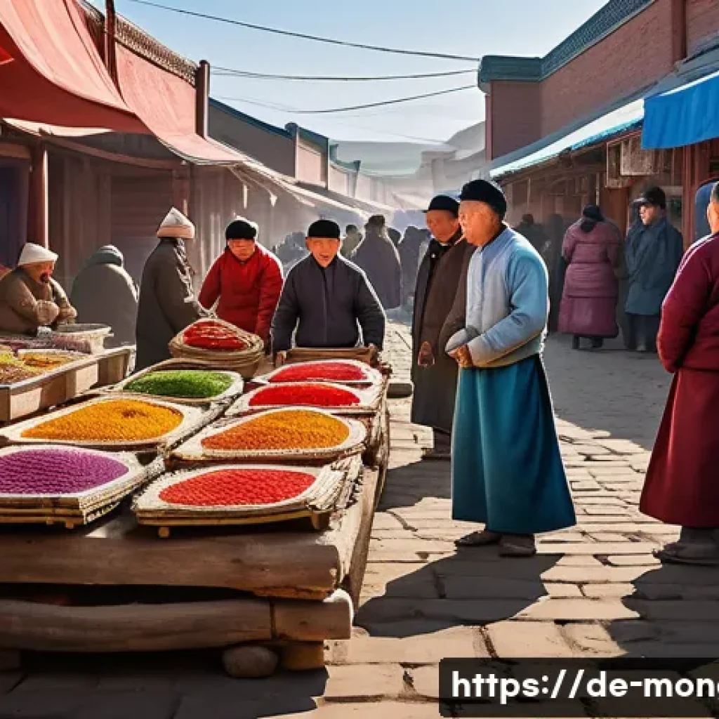 몽골 재래시장과 상인 문화 - A vibrant Mongolian city market scene in the early morning light, with diverse generations of people...