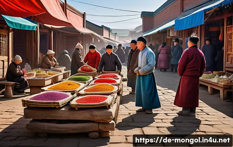 몽골 재래시장과 상인 문화 - A vibrant Mongolian city market scene in the early morning light, with diverse generations of people...