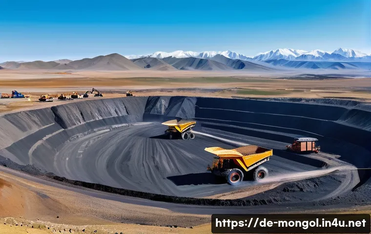 몽골 비즈니스 환경 - A panoramic view of the Mongolian mining industry landscape: vast open-pit coal and copper mines und...