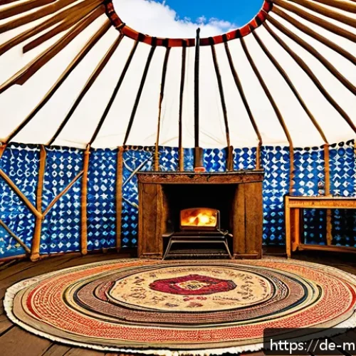 Home 31 몽골 게르 문화 - A traditional Mongolian yurt set in a vast steppe landscape under a clear blue sky, featuring a wood...