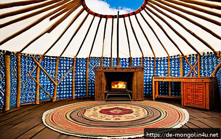 몽골 게르 문화 - A traditional Mongolian yurt set in a vast steppe landscape under a clear blue sky, featuring a wood...