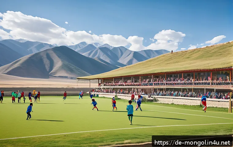 몽골의 주요 축구 경기 - A vibrant local football match in a rural Mongolian village during daytime, with enthusiastic specta...