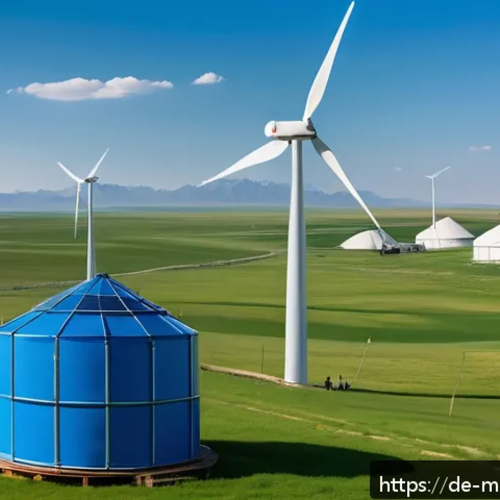몽골과의 무역 협정 - A modern industrial scene showcasing German and Mongolian collaboration in renewable energy: wind tu...