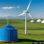 Home 23 몽골과의 무역 협정 - A modern industrial scene showcasing German and Mongolian collaboration in renewable energy: wind tu...