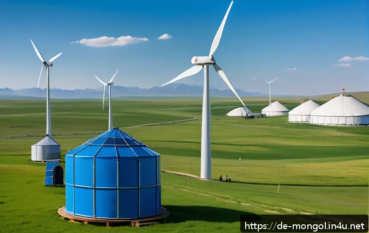 몽골과의 무역 협정 - A modern industrial scene showcasing German and Mongolian collaboration in renewable energy: wind tu...