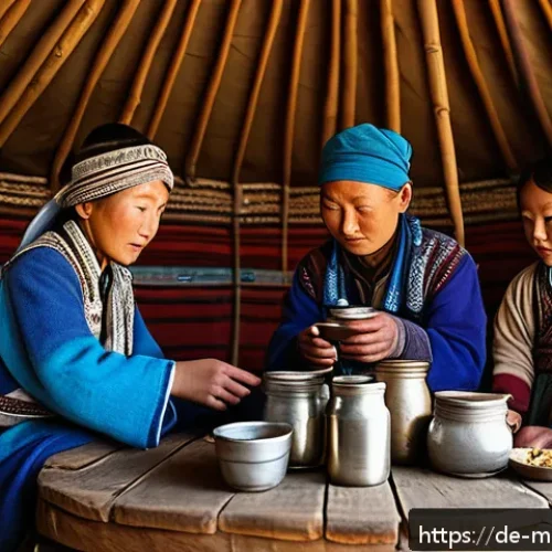 Home 17 몽골의 독특한 술 종류 - A traditional Mongolian nomadic family in the vast steppe landscape, dressed in warm layered clothin...
