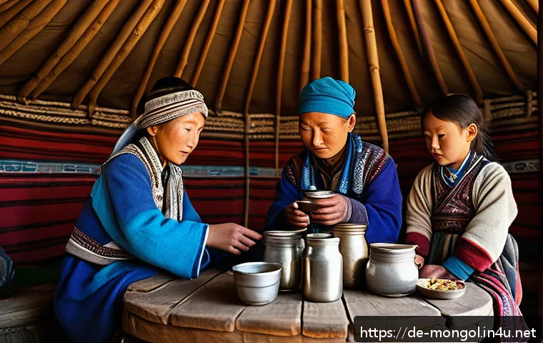 몽골의 독특한 술 종류 - A traditional Mongolian nomadic family in the vast steppe landscape, dressed in warm layered clothin...