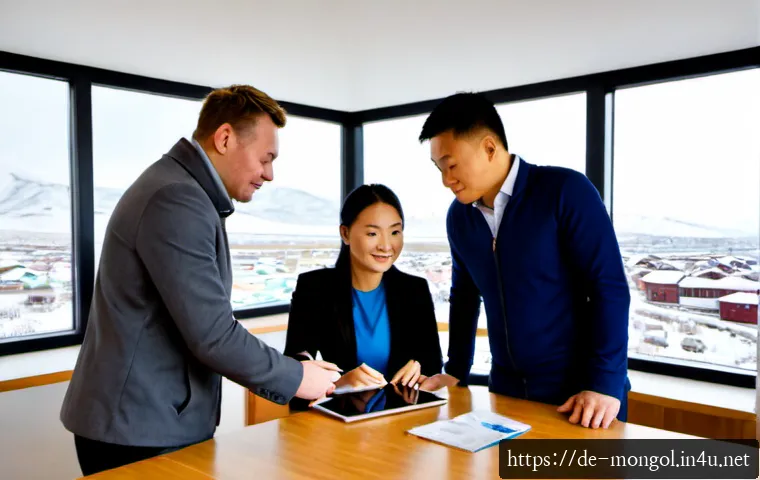 몽골에서의 사업 기회 - Photorealistic business opportunity scene in Ulaanbaatar, Mongolia: a German entrepreneur in smart c...