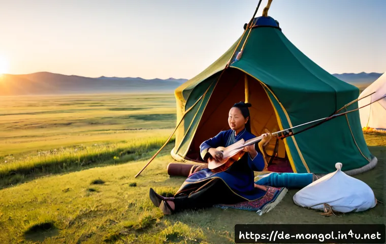 Home 17 몽골의 전통 노래와 음악 - Photorealistic Mongolian traditional music performance on the open steppe, skilled musician seated b...