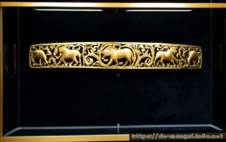 Home 17 몽골 황금기의 유물 - Photorealistic museum display of a finely crafted 13th-century Mongol Empire golden belt plaque, dec...