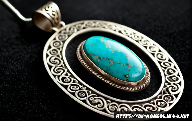 Home 17 몽골 귀금속 공예품 - Photorealistic close-up of an intricate Mongolian sterling silver and turquoise ceremonial pendant d...
