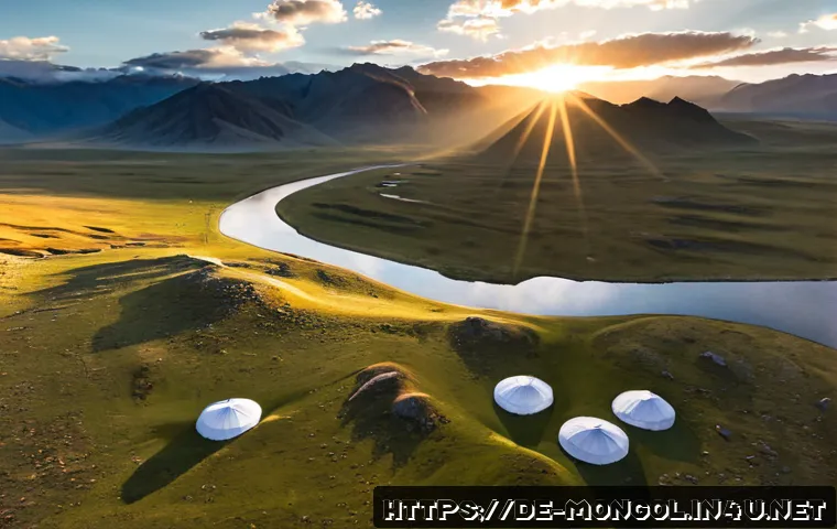 몽골의 독특한 지리적 특징 - Photorealistic aerial panorama of Mongolia’s vast steppe rolling into rugged granite mountains, a wi...