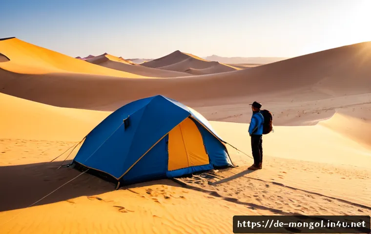 몽골 남부 지역에서의 특별한 경험 - Photorealistic travel scene in the South Gobi Desert of Mongolia, a German couple in practical hikin...