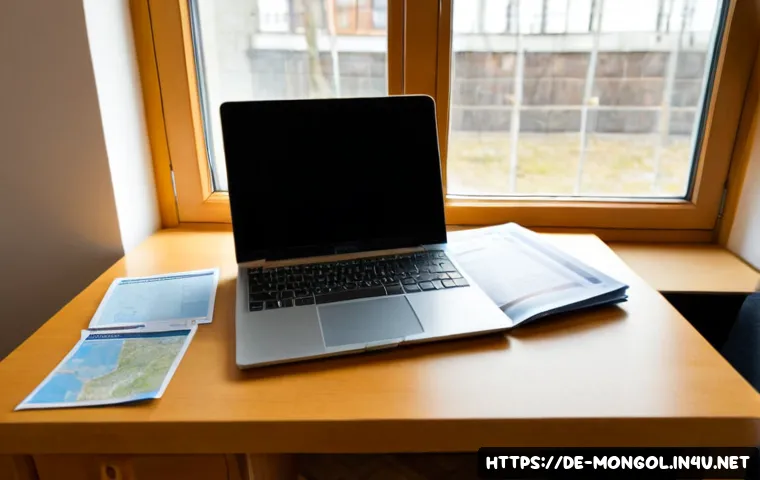 Home 17 몽골 비자 신청 절차 - Photorealistic travel visa application scene for a German traveler: an adult sitting at a neat home-...